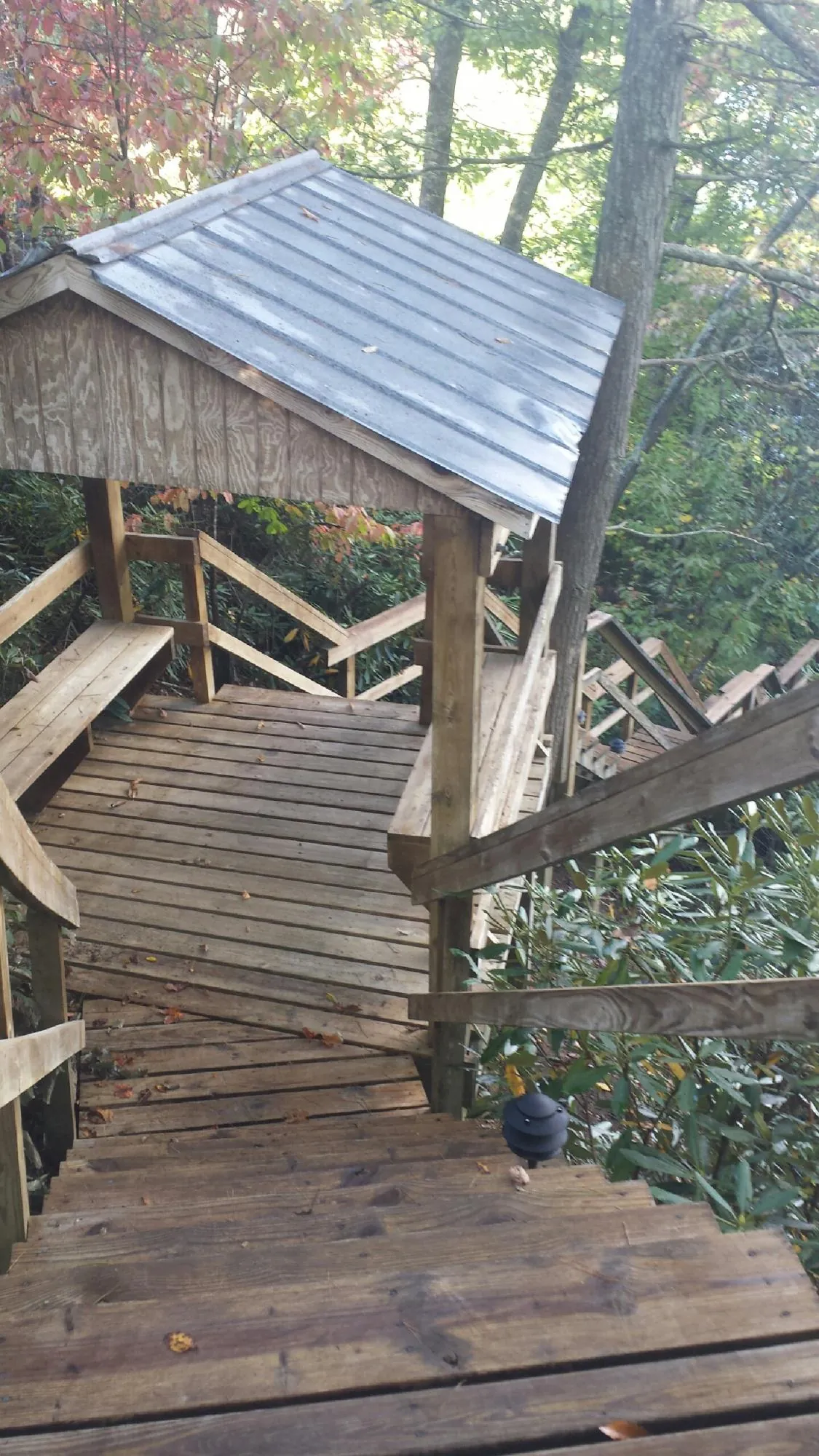 Metal roofed shelter over wooden steps on a wooded walkway — Skylight Repair & Installation work by our crew in Gerber